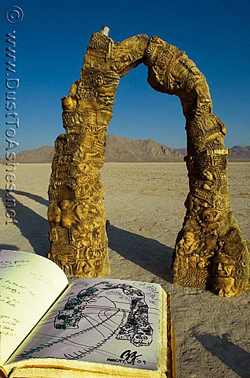 Ceramic-Arch-by-Richard-Akers-Sculpture-Art-Burning-Man-2009-Evolutiona-Desert-NV-Gerlach-DustToAshes-Ales-Prikryl-Photo-Picture Arch in desert and drawing book