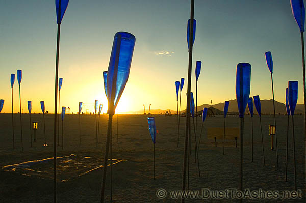 Back lit blue bottles during the Burning Man sunset