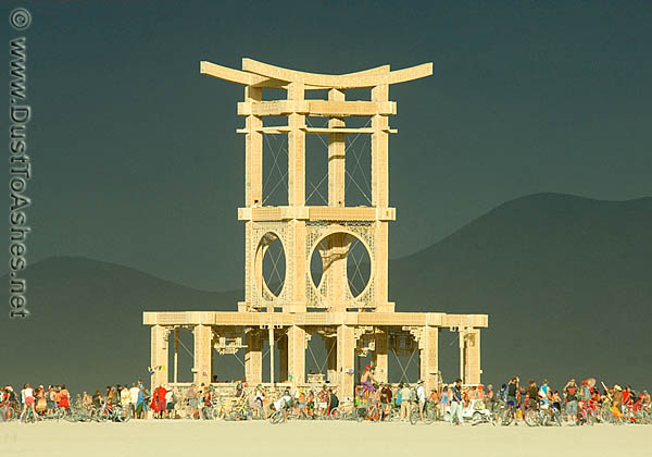 Burning Man festival David Best's Temple of Forgiveness silhouette before storm Black Rock City Desert Art Temple of Forgivness silhouette