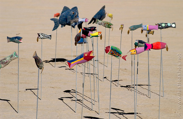 Fish sculptures on the sticks in desert