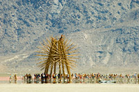 People gathering around the bamboo sculpture