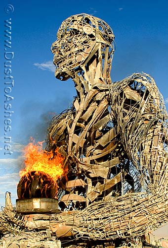 Burning Man 2007 Crude Awakening Fireball Burning Dan Das Mann Karen Cusolito Black Rock FX Mark Perez Figure holding the spinning fireball