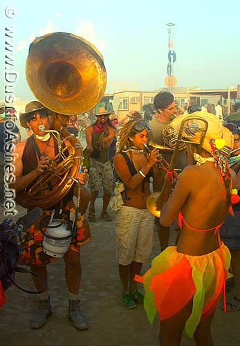 Burning Man 2008 Big Band musicians girls women dancing people photos pictures pics Playa musicians on fire