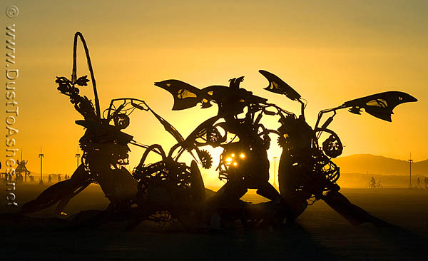 Burning Man 2008 Mutopia Metal Welded Installation by Flaming Lotus Girls Early Morning Sunrise Black Rock City photo picture image Burning Man Sunrise Silhouettes