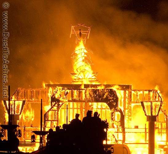 Skeleton of Burning Man going down in flames