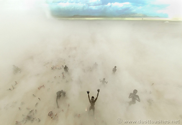 Crude Awakening during Burning Man dust storm Metal art sculptures emerging from thick dust layer