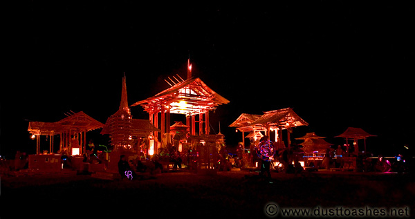 Night photo of temple at burning man