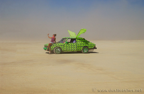 Green art vehicle at Burning Man festival
